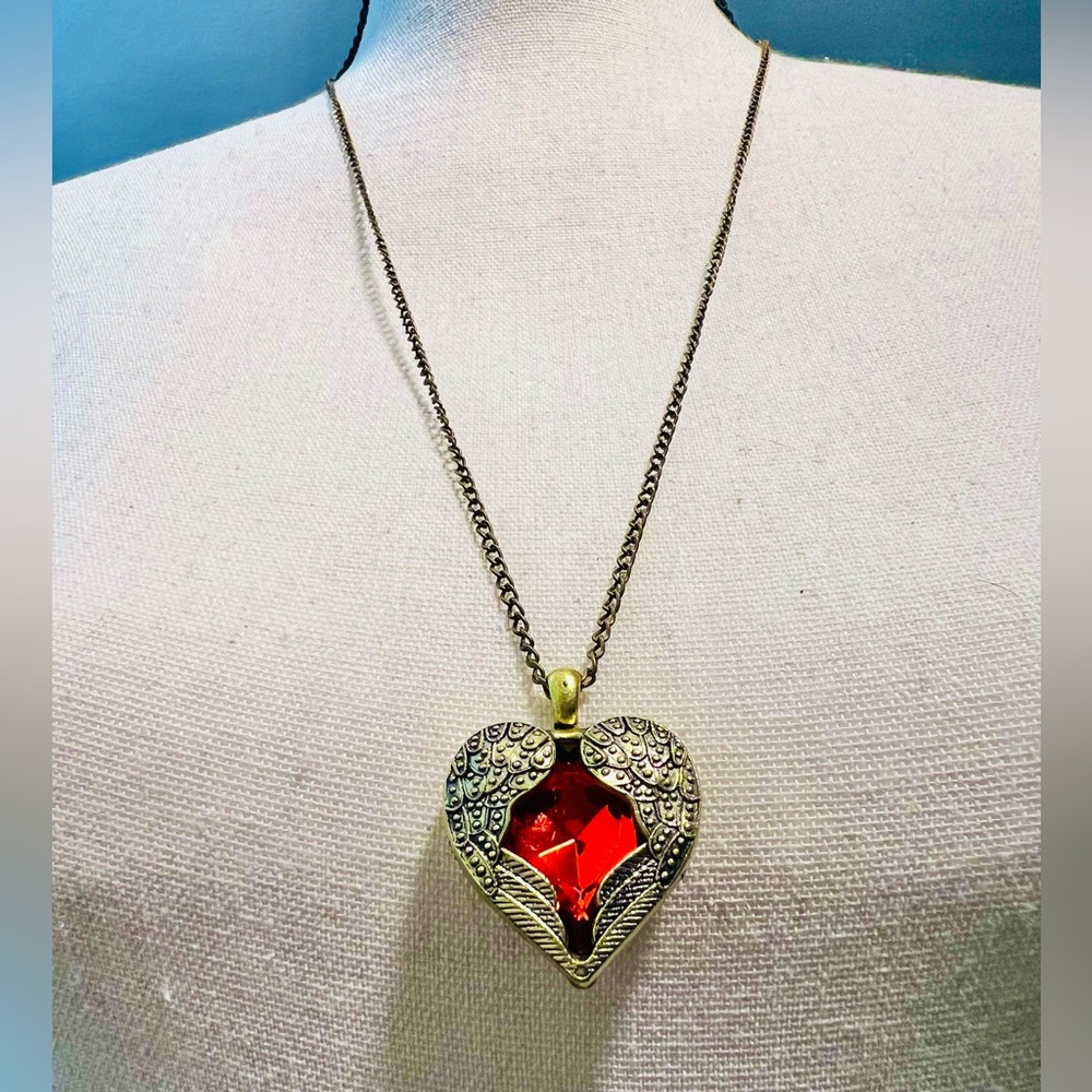 Heart Emerald Simulant Gold Tone Angel Wing Necklace